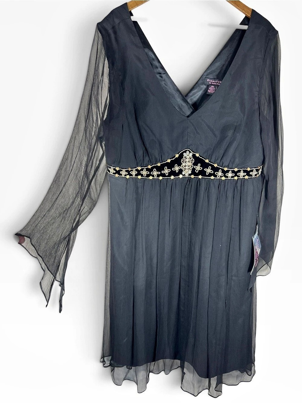 Vintage Signature Robbie Bee Womens Silk Babydoll Dress 20W Black Beaded Y2K
